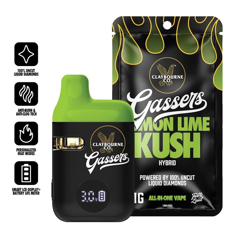 img_8723.jpeg Claybourne Co.
Lemon Lime Kush (1g) - Gassers All-In-One Liquid Diamonds Vape - Image 1
