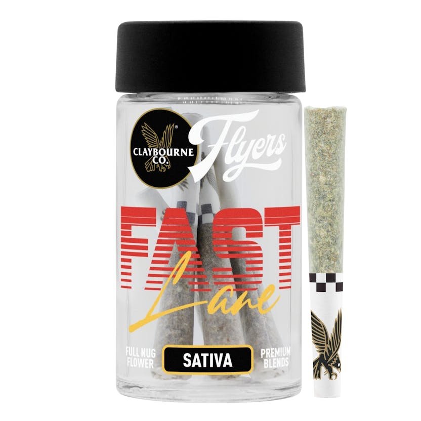 img_8727.jpeg Claybourne Co.
Fast Lane Sativa (3.5g) - Flyers Blends Pre-Rolls - Image 1