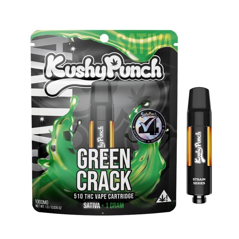 img_8729.jpeg Kushy Punch
Green Crack | Cartridge | 1g| Sativa - Image 1