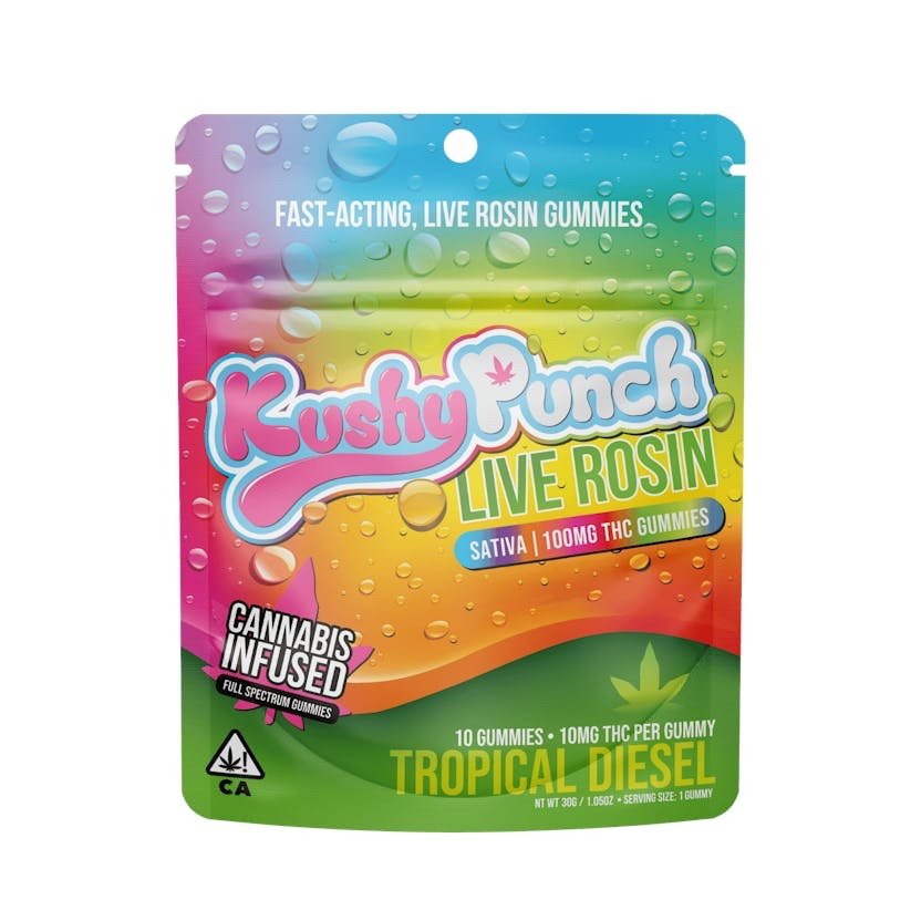 img_8731.jpeg Kushy Punch
Live Rosin | Tropical Diesel Gummies | 100mg | 10ct | 10mg/ea | Sativa - Image 1