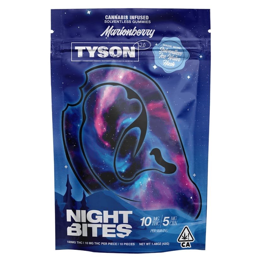 img_8822.jpeg TYSON 2.0
Night Bites | Marionberry 2:1 Rosin Gummies | 100mg | 10ct | 10mg/ea - Image 1