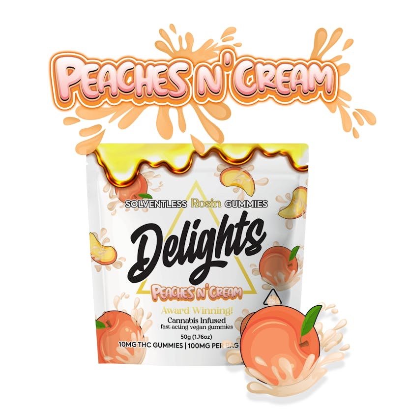 img_8824.jpeg Delights Gummies
Peaches N Cream Delights Rosin Infused Gummies - Image 1